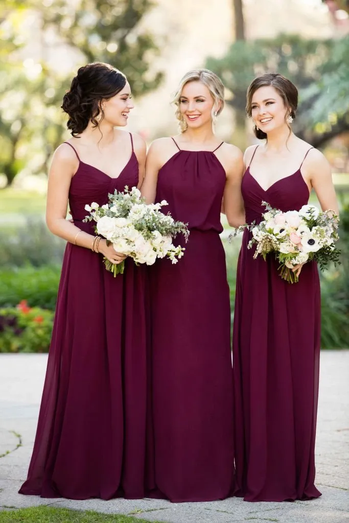 A Line Burgundy Chiffon Straps Long Bridesmaid Dresses PFB0098
