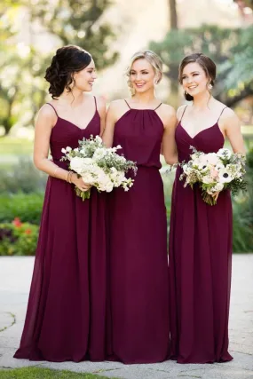 A Line Burgundy Chiffon Straps Long Bridesmaid Dresses PFB0098