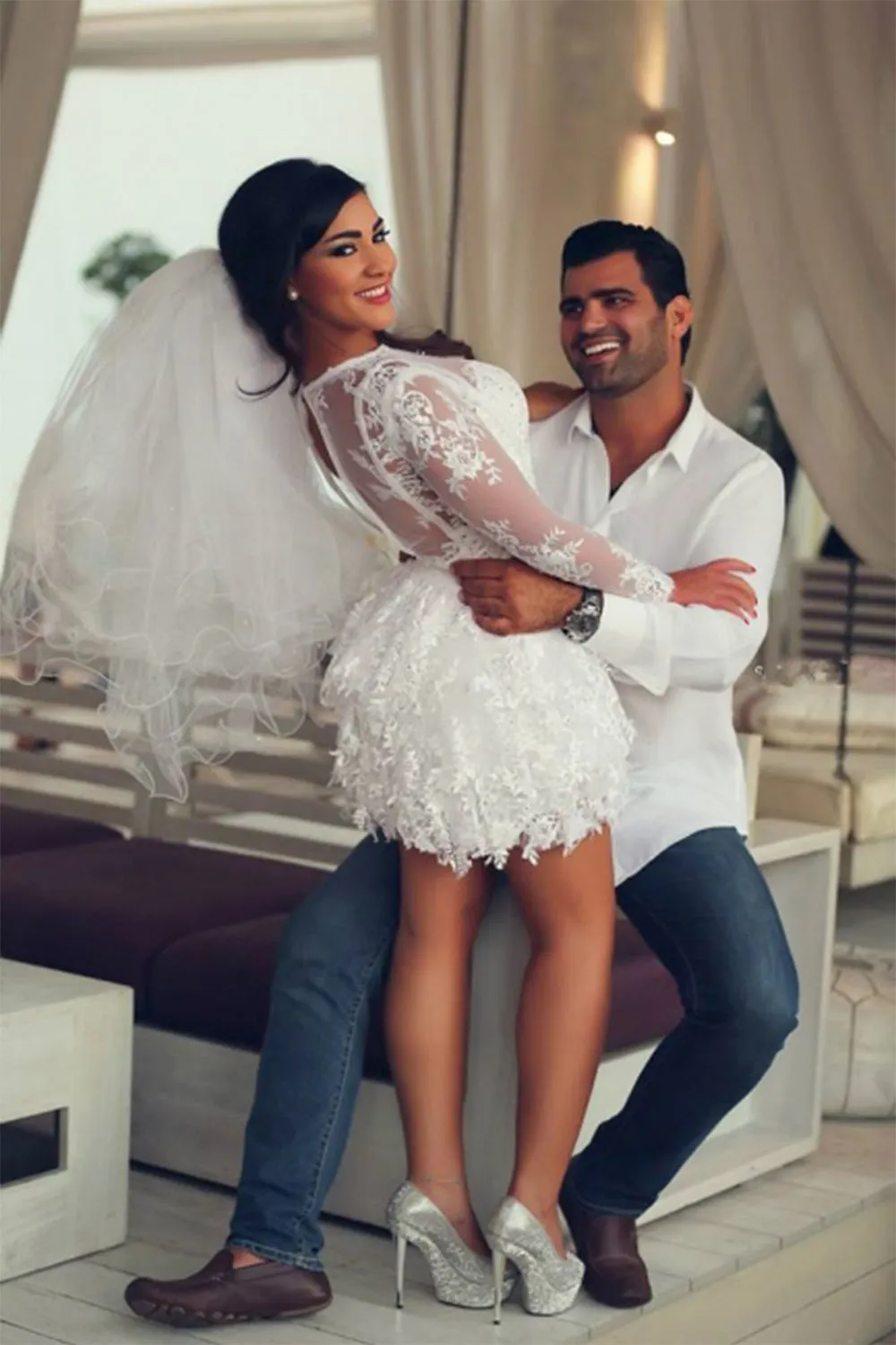 A-Line Scoop Lace Applique Long Sleeves Short-Mini Wedding Dresses