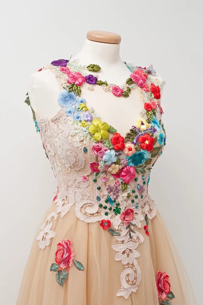 A-line Sleeveless Open Back Appliques Tulle Long Prom Dress Flowers PFP0127