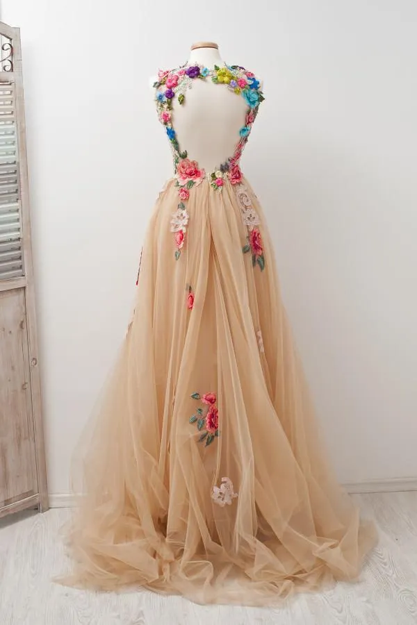 A-line Sleeveless Open Back Appliques Tulle Long Prom Dress Flowers PFP0127