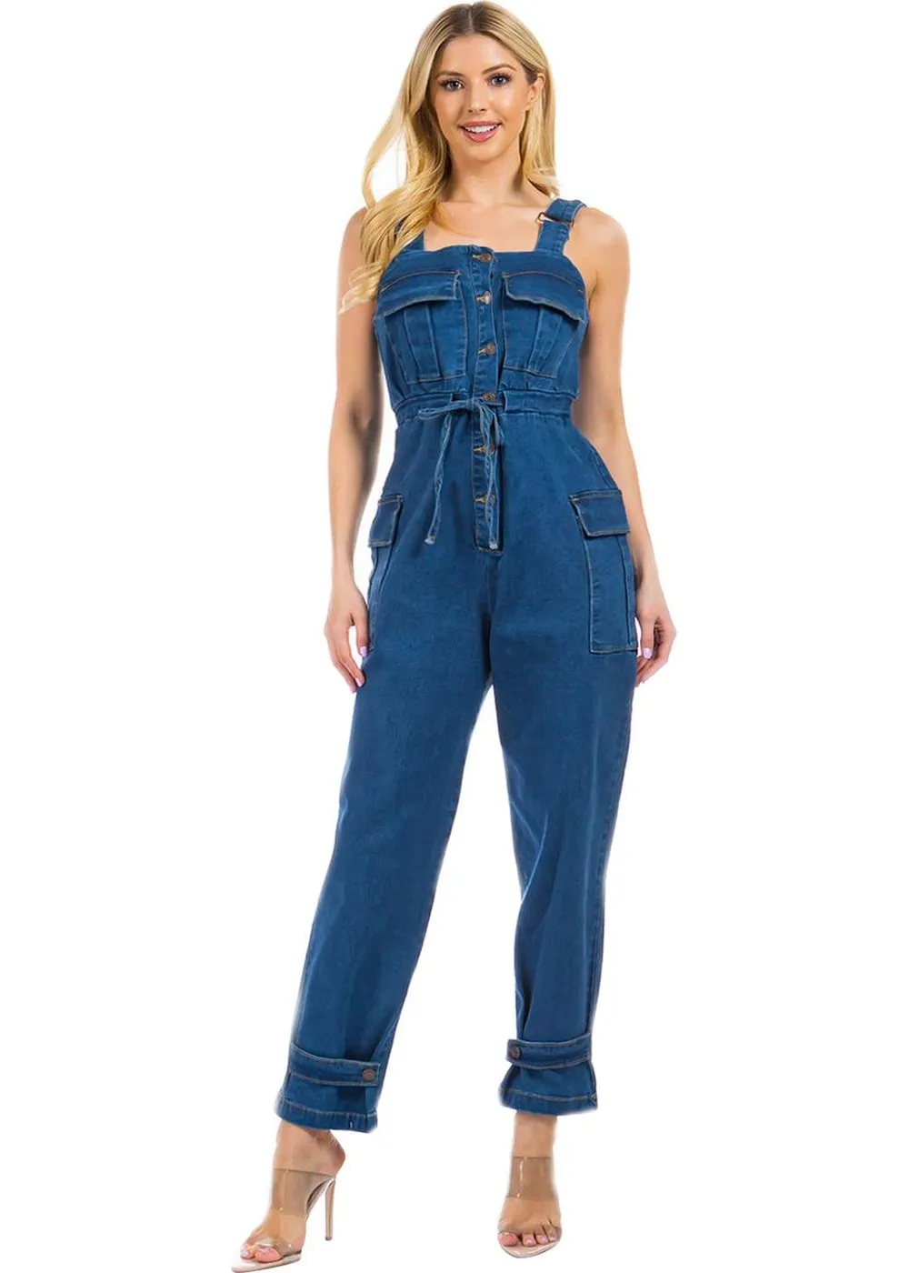 Adjustable Straps Belted Sleeveless Denim Jumper Overalls (SLW8603-JUMP)
