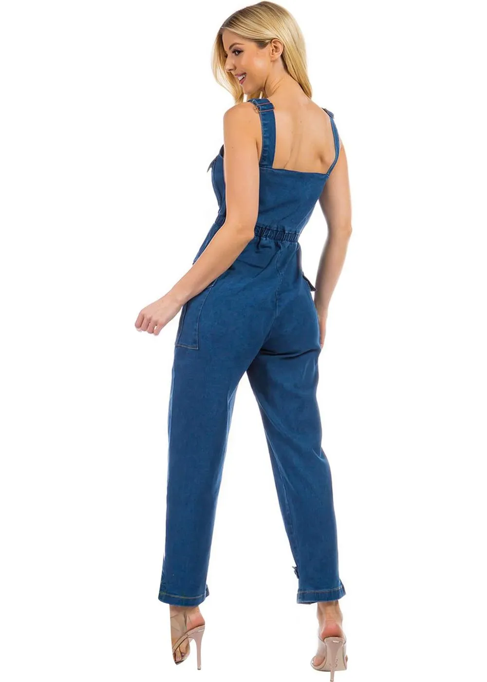 Adjustable Straps Belted Sleeveless Denim Jumper Overalls (SLW8603-JUMP)