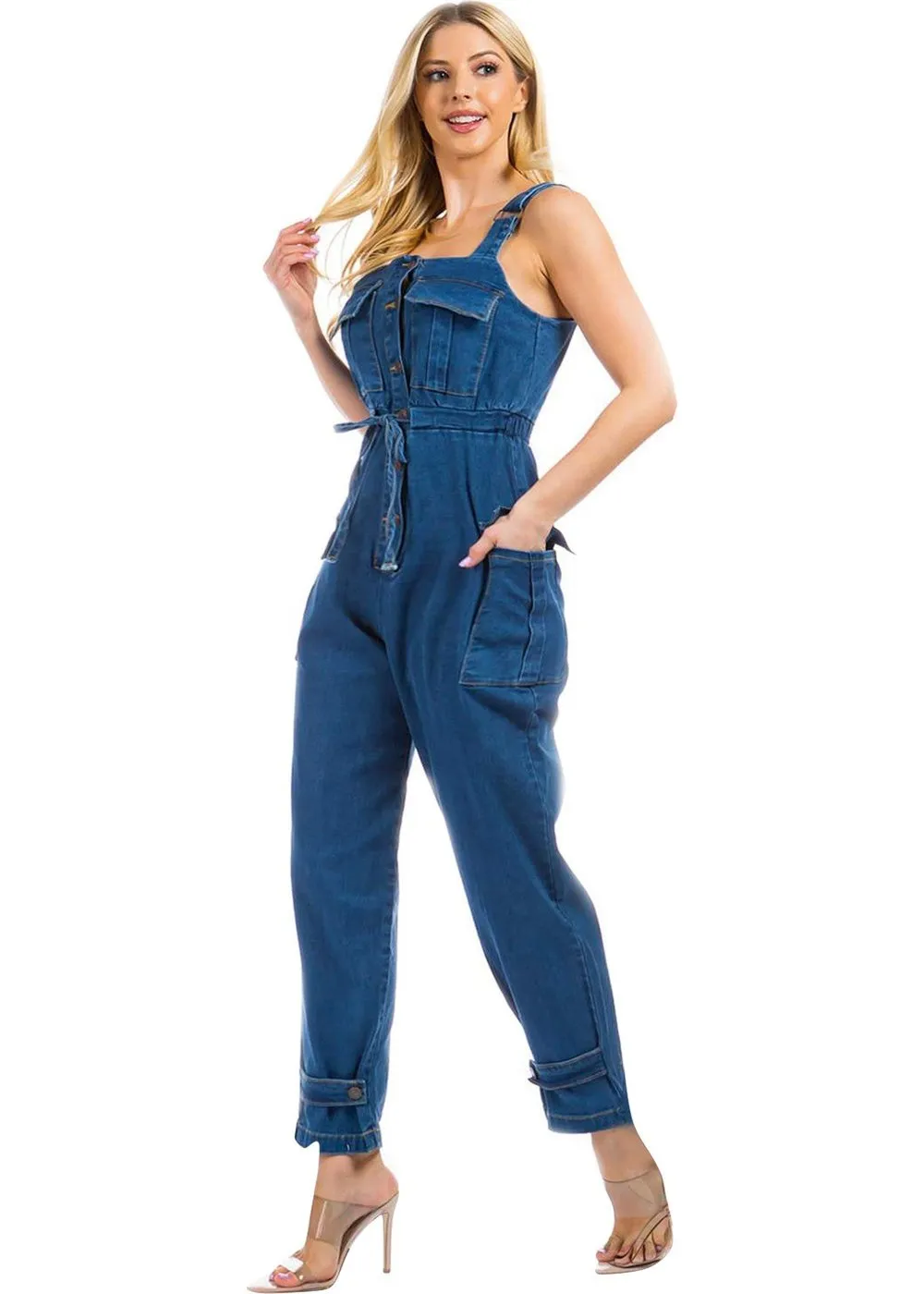 Adjustable Straps Belted Sleeveless Denim Jumper Overalls (SLW8603-JUMP)