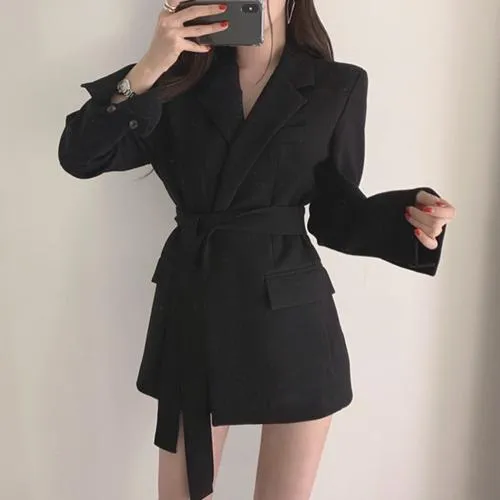 Autumn Winter Women Jackets Office Ladies Lace up Notched Formal Outwear Elegant  White Black Tops