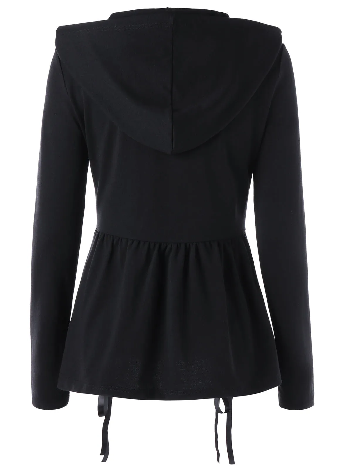 Bandage Lace-up Zipper Solid Color Women Hooded Slim Coat