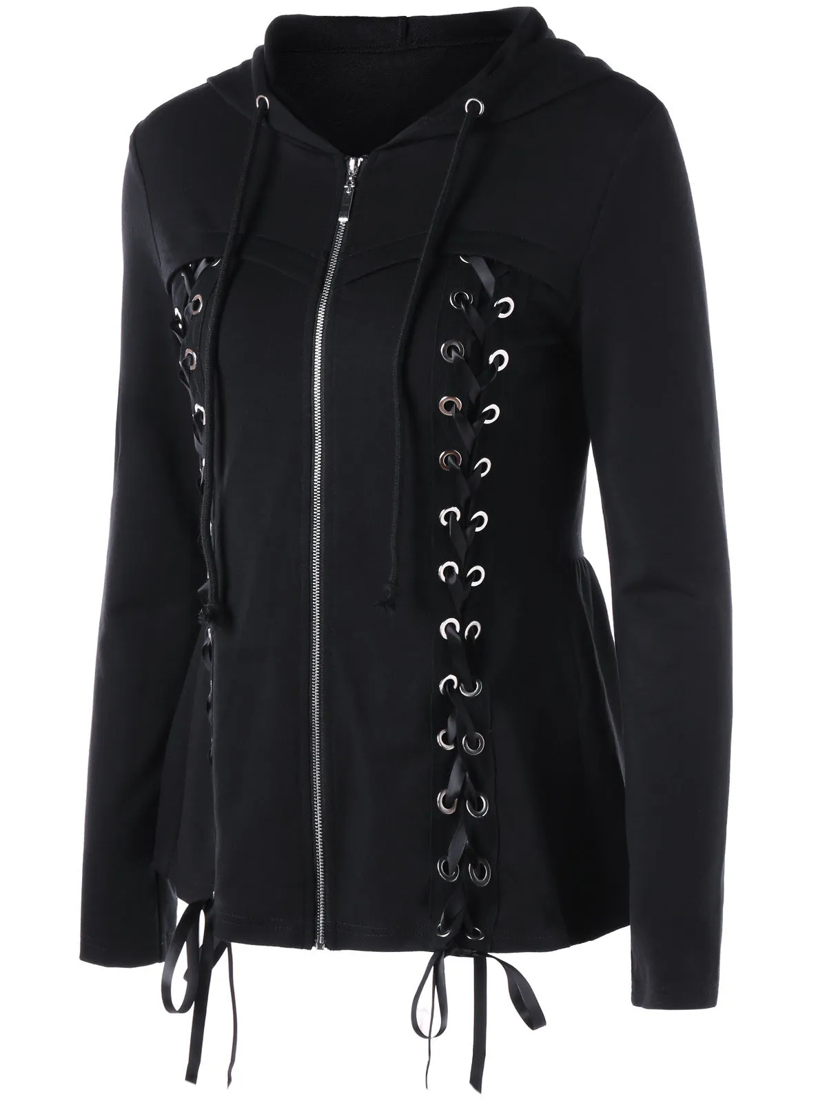 Bandage Lace-up Zipper Solid Color Women Hooded Slim Coat