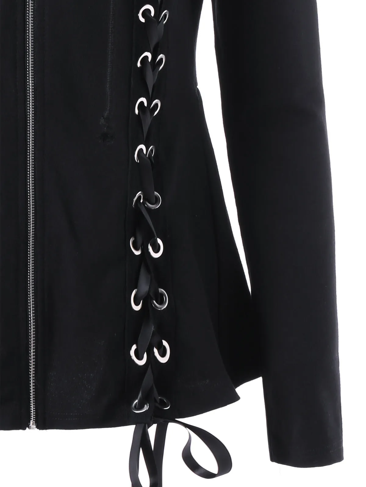 Bandage Lace-up Zipper Solid Color Women Hooded Slim Coat