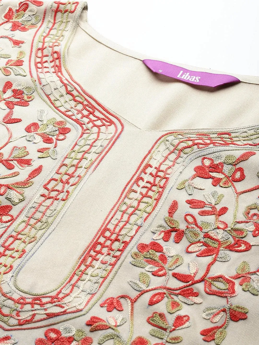 Beige Yoke Design Wool Blend Straight Kurta Set