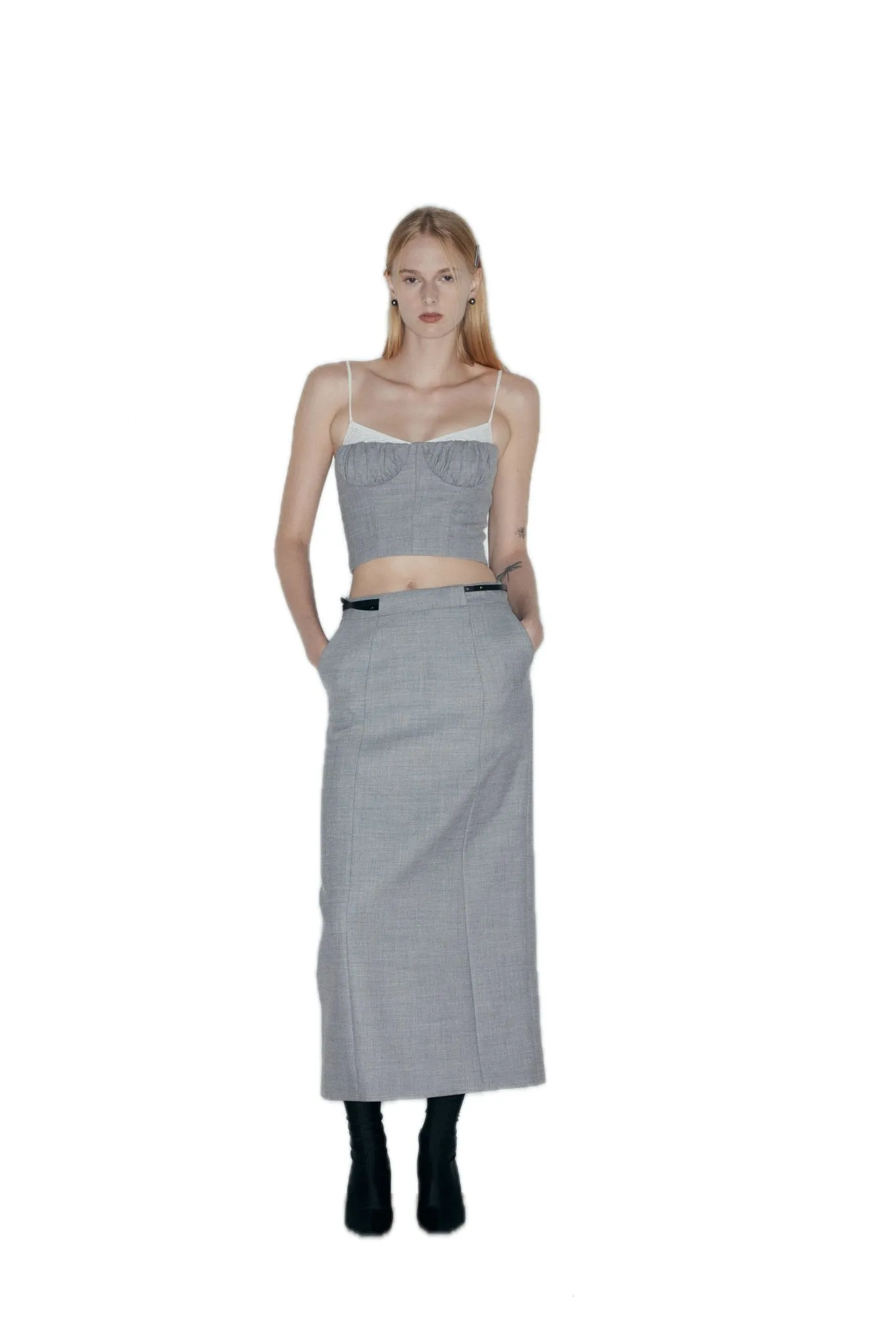 Belted Wool Blend Mid-Length Skirt In Gray