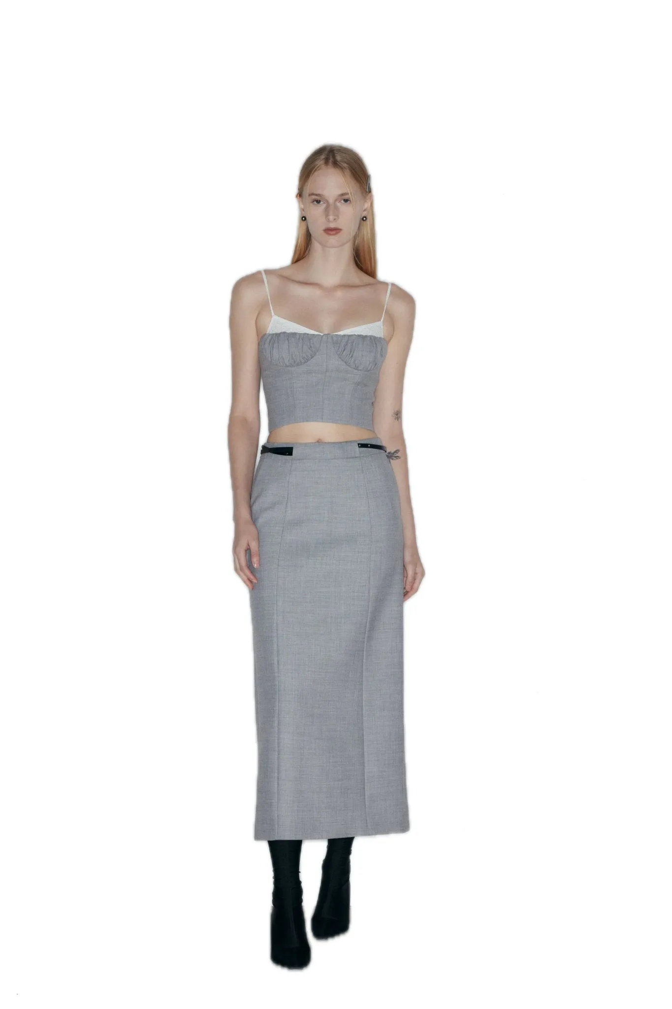 Belted Wool Blend Mid-Length Skirt In Gray