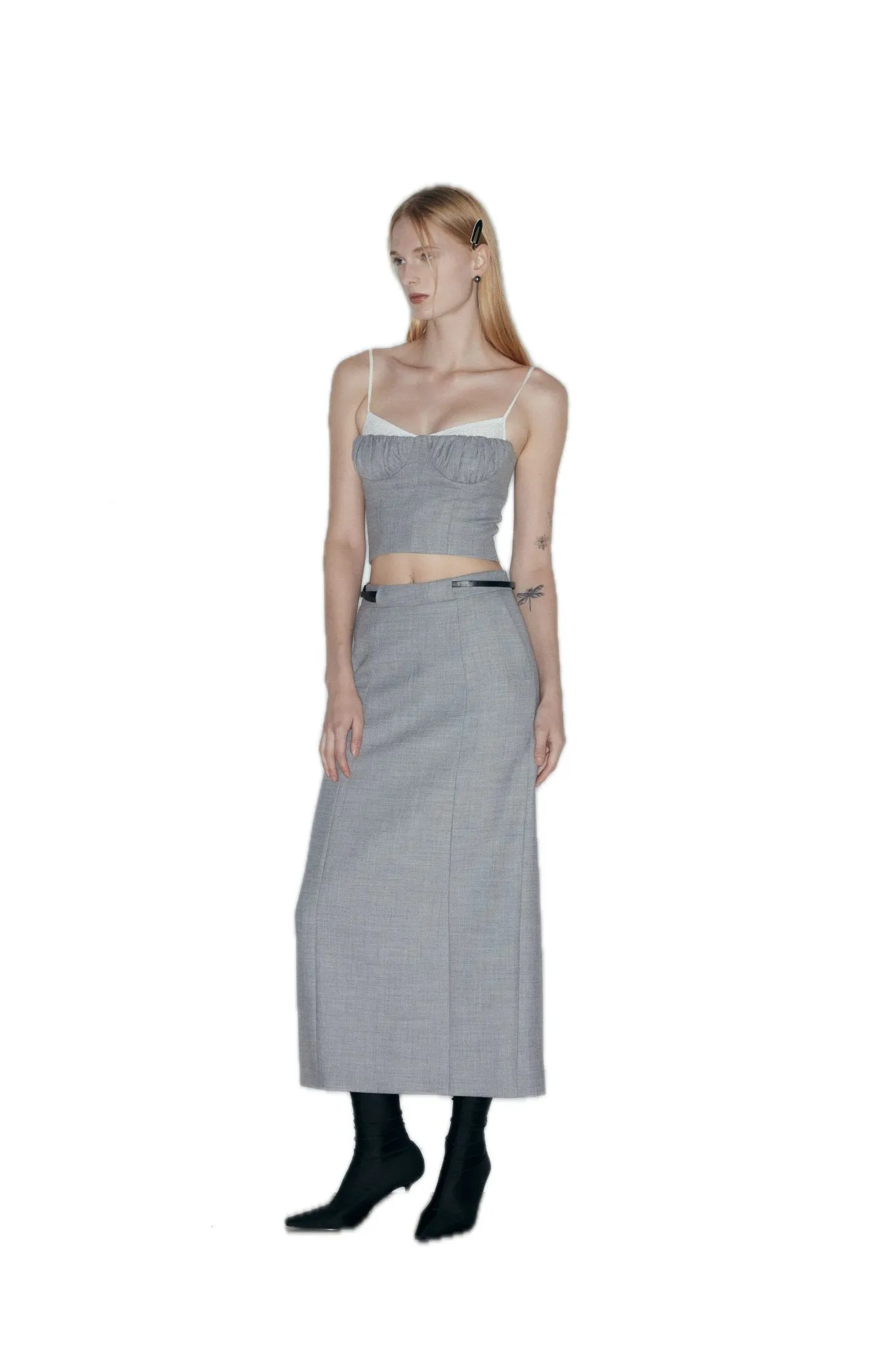 Belted Wool Blend Mid-Length Skirt In Gray
