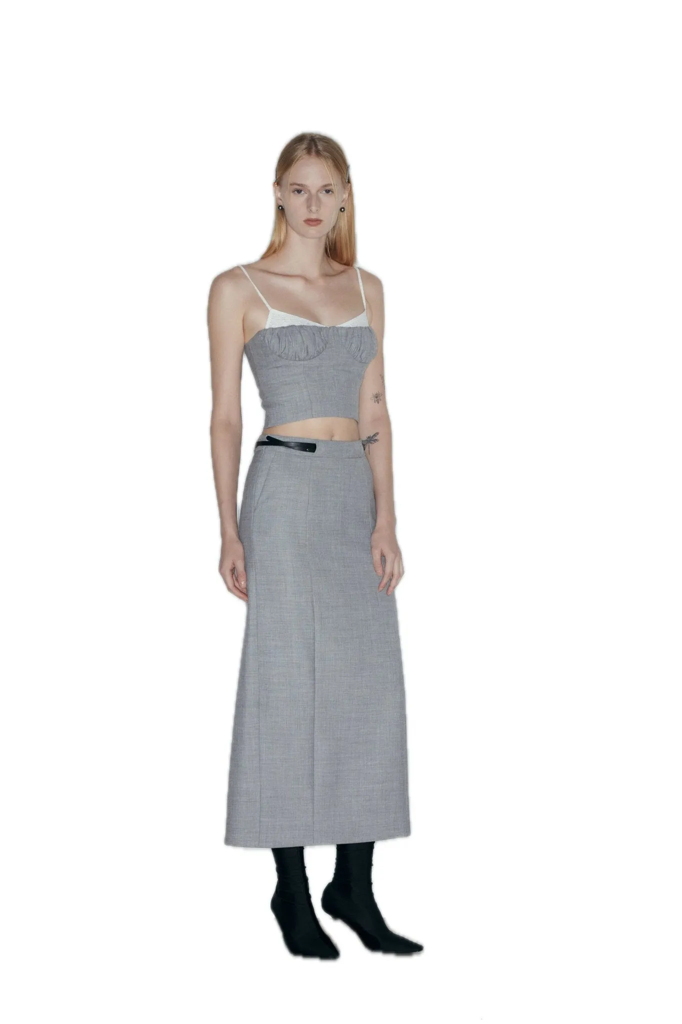 Belted Wool Blend Mid-Length Skirt In Gray