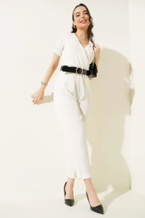 BGD Women Belted Knitted Jumpsuit - White - Avondale