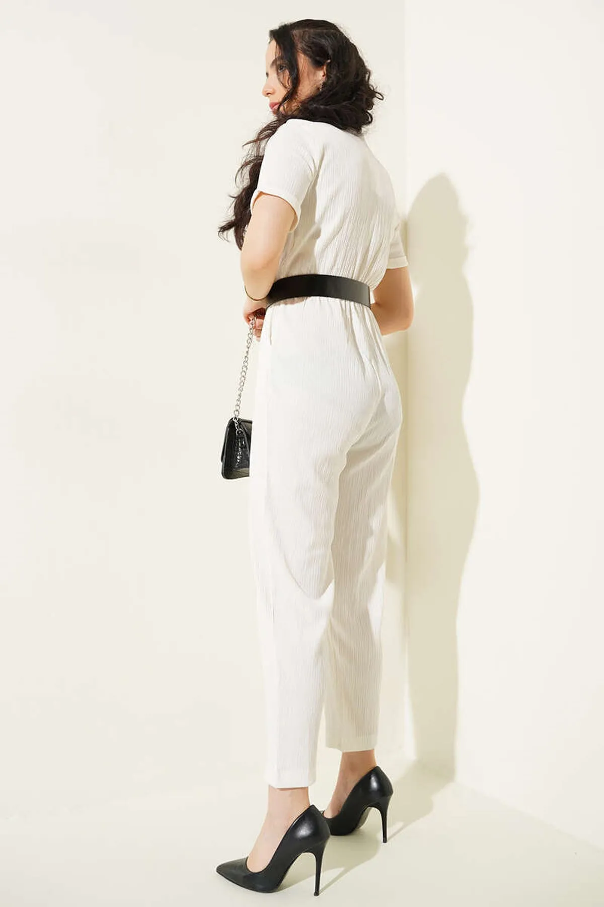 BGD Women Belted Knitted Jumpsuit - White - Avondale