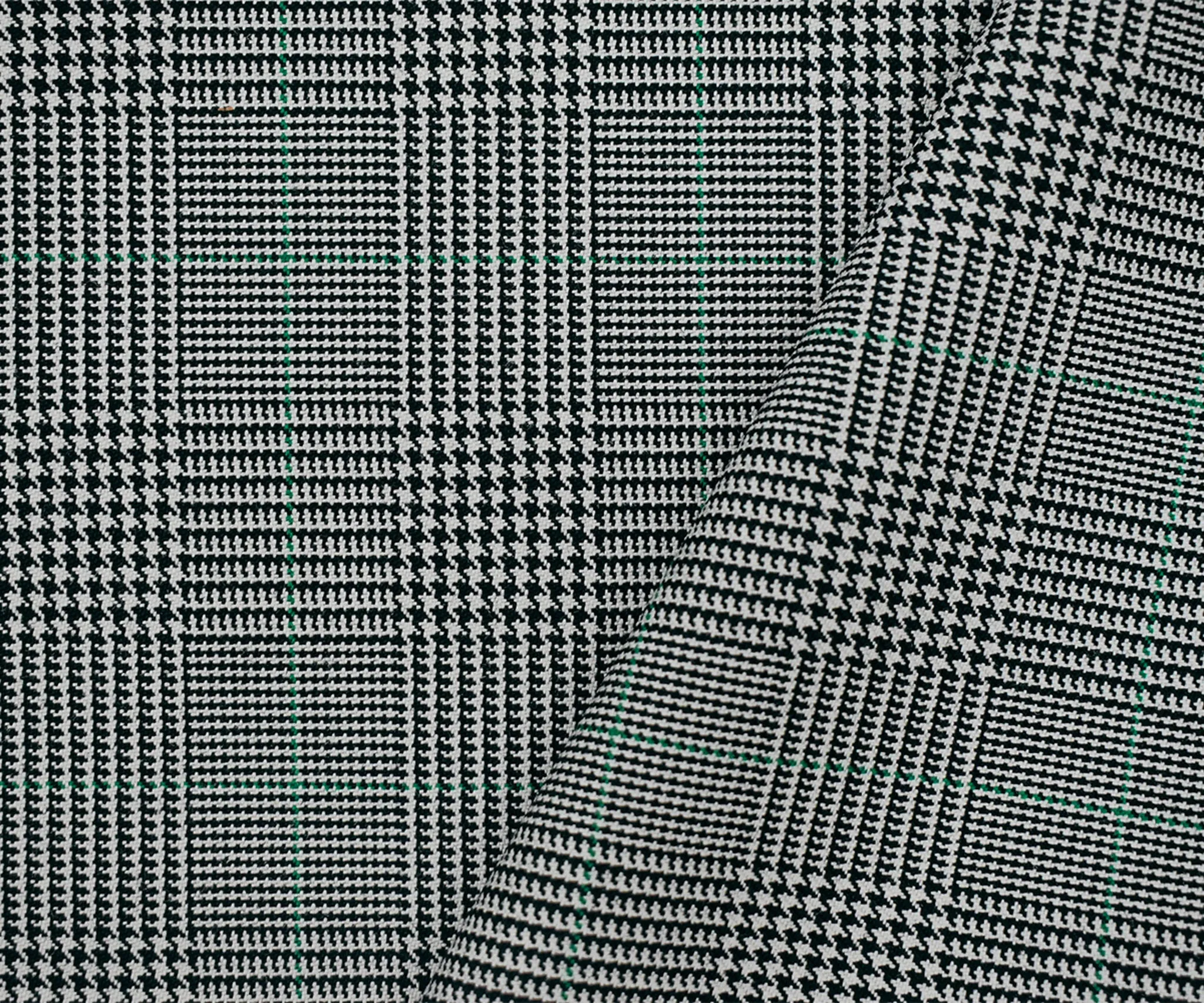 Black-Gray-Green Wool-Polyester Plaid Woven Suiting Fabric