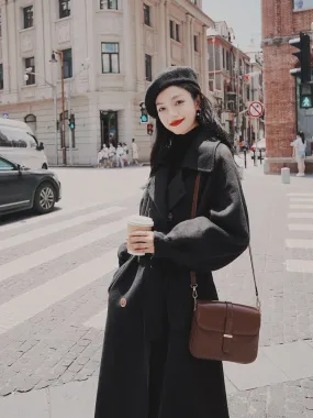 Black Hepburn Style Winter Loose Woolen Women's Coat