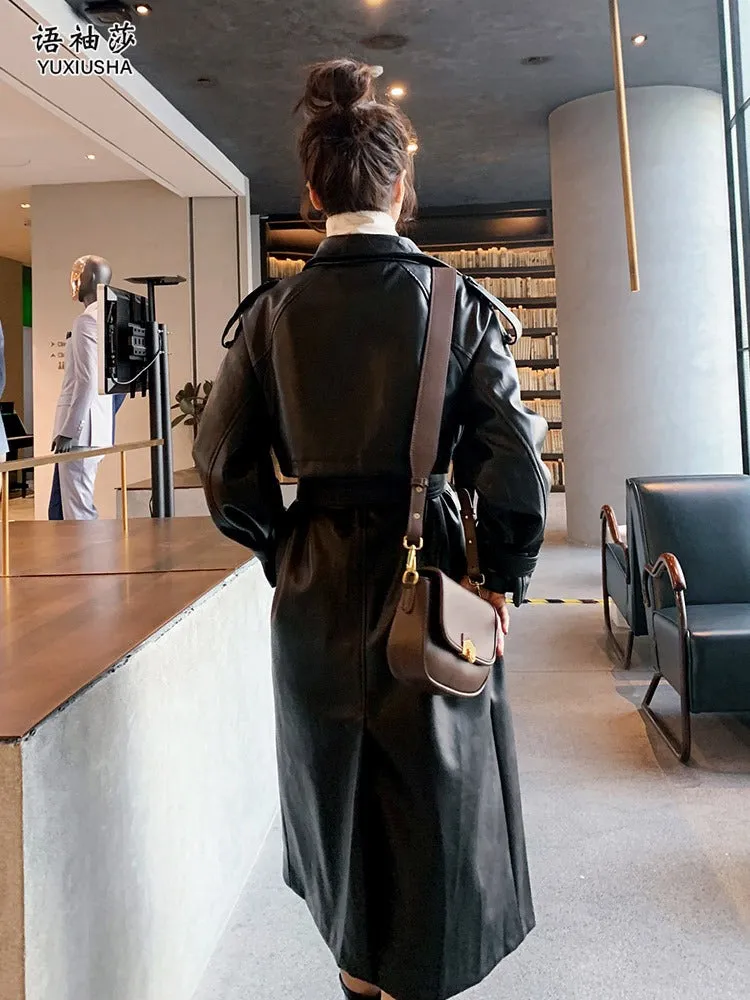 Black PU Leather Mid-Length Fashion Women's Jacket