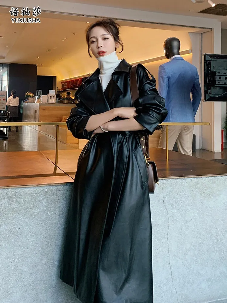 Black PU Leather Mid-Length Fashion Women's Jacket
