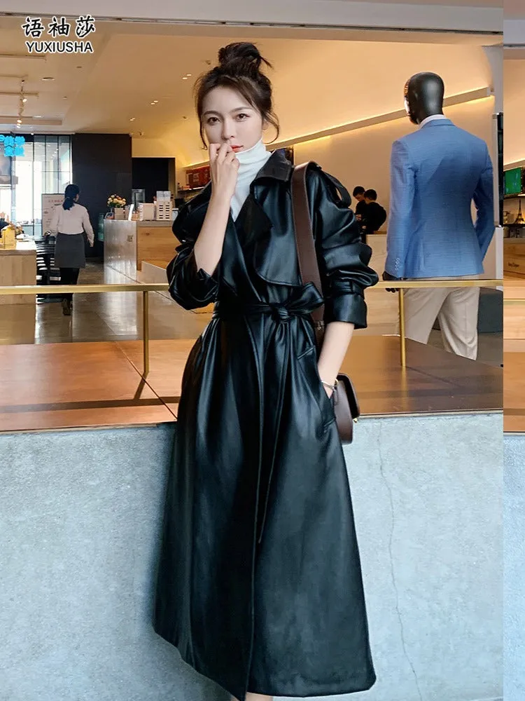 Black PU Leather Mid-Length Fashion Women's Jacket