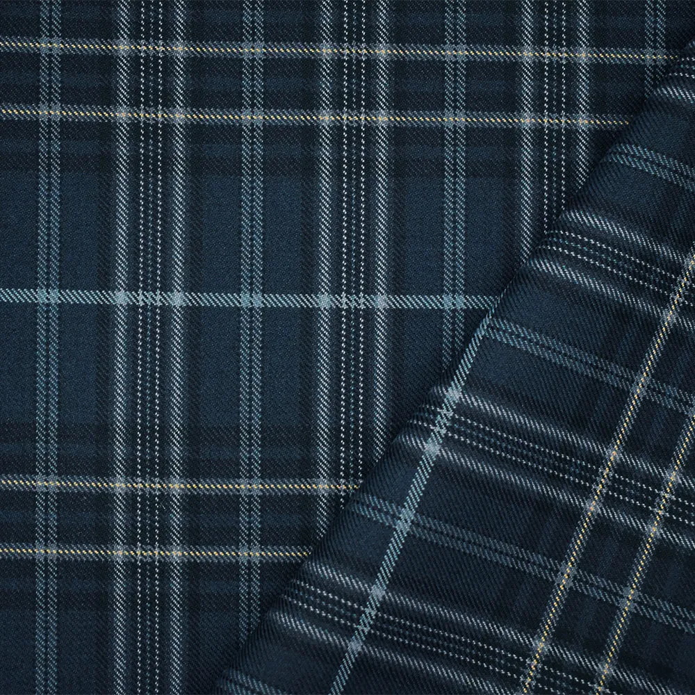 Blue-Black-Multi Wool-Polyester Plaid Woven Twill Suiting Fabric