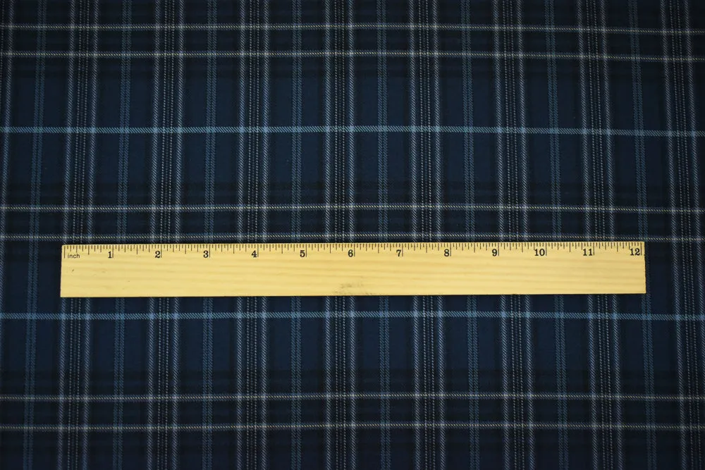 Blue-Black-Multi Wool-Polyester Plaid Woven Twill Suiting Fabric
