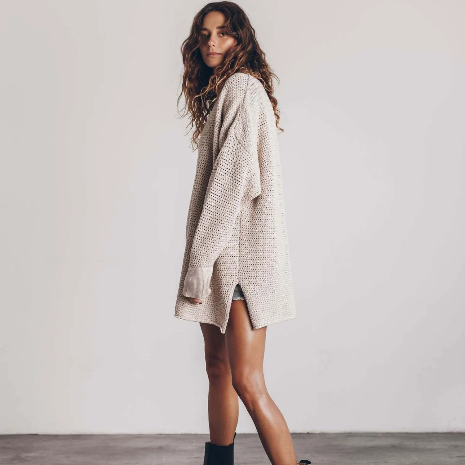 Boho Oversized Open Knit Round Neck Long Sleeve Drop Shoulder Side Split Sweater