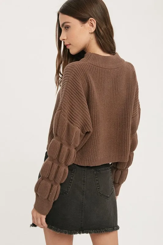 Brown Mock Neck Bubble Slv Sweater