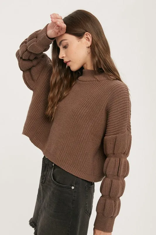 Brown Mock Neck Bubble Slv Sweater