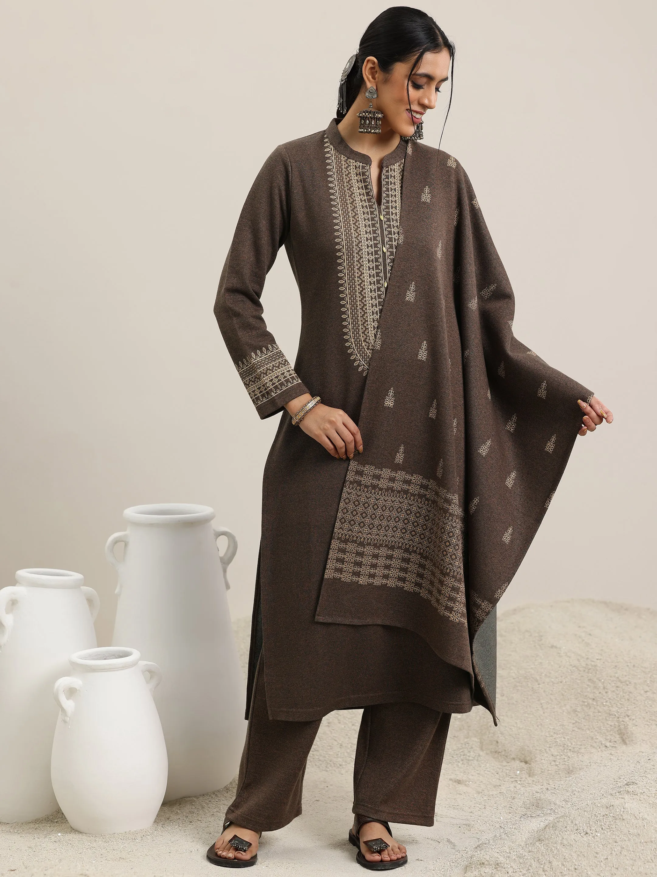 Brown Yoke Design Wool Blend Straight Suit With Dupatta