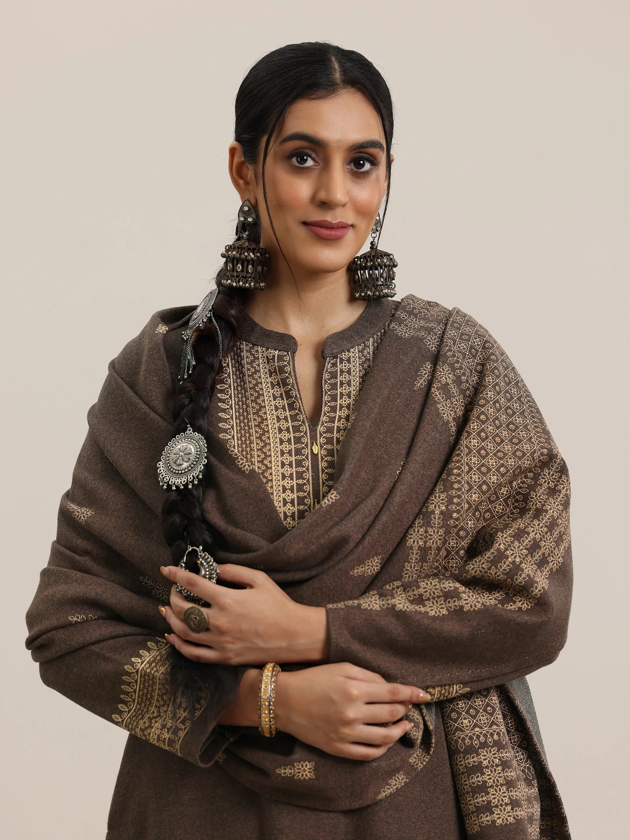Brown Yoke Design Wool Blend Straight Suit With Dupatta