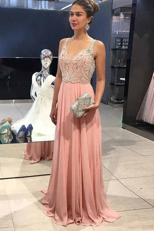 Cheap Peach Chiffon Beading Straps Long A-line Prom Dresses PFP0016