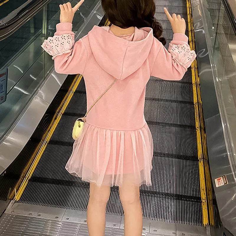 children's coats wholesale Kid Girl Hooded Mesh Letter Pattern Dress