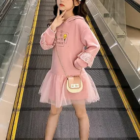 children's coats wholesale Kid Girl Hooded Mesh Letter Pattern Dress