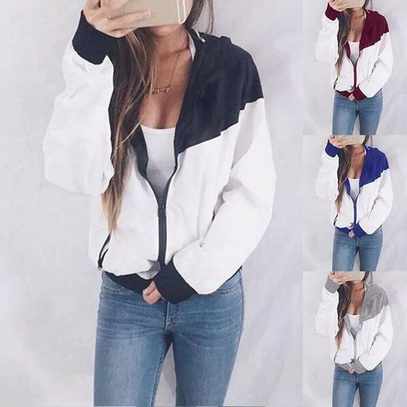 Color Block Patchwork Zipper Women Hooded Coat
