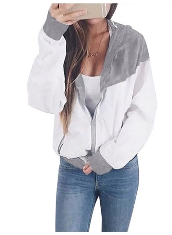 Color Block Patchwork Zipper Women Hooded Coat