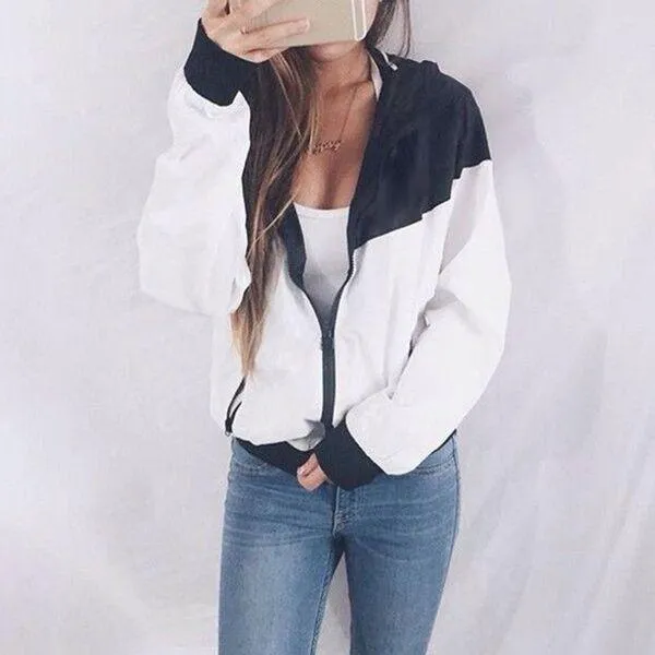 Color Block Patchwork Zipper Women Hooded Coat