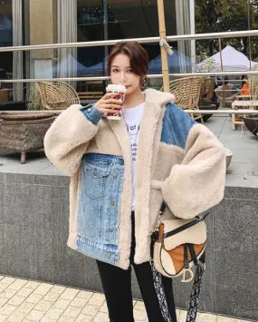 Contrast Denim Loose Lambs Wool Cotton Women's Coat