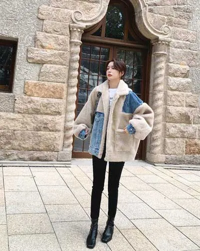 Contrast Denim Loose Lambs Wool Cotton Women's Coat