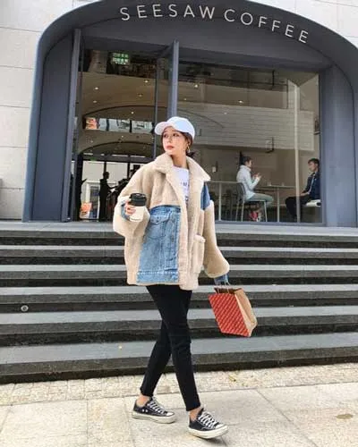 Contrast Denim Loose Lambs Wool Cotton Women's Coat