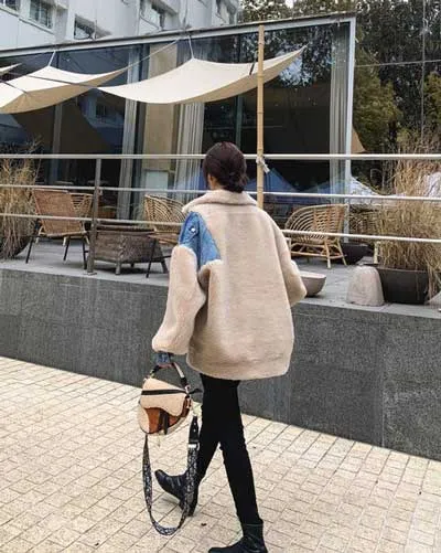 Contrast Denim Loose Lambs Wool Cotton Women's Coat