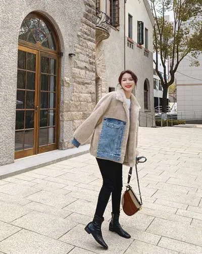 Contrast Denim Loose Lambs Wool Cotton Women's Coat