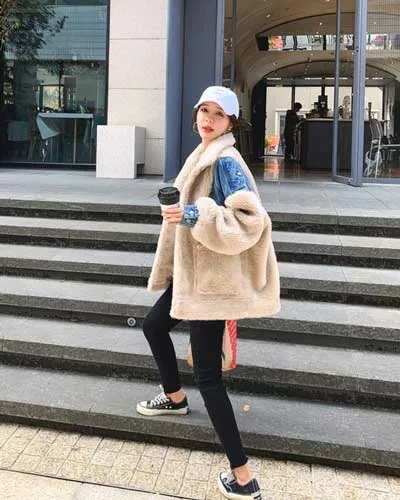 Contrast Denim Loose Lambs Wool Cotton Women's Coat