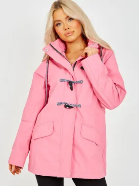 Eileen Toggle Button PU Coated Hooded Rain Mac In Pink