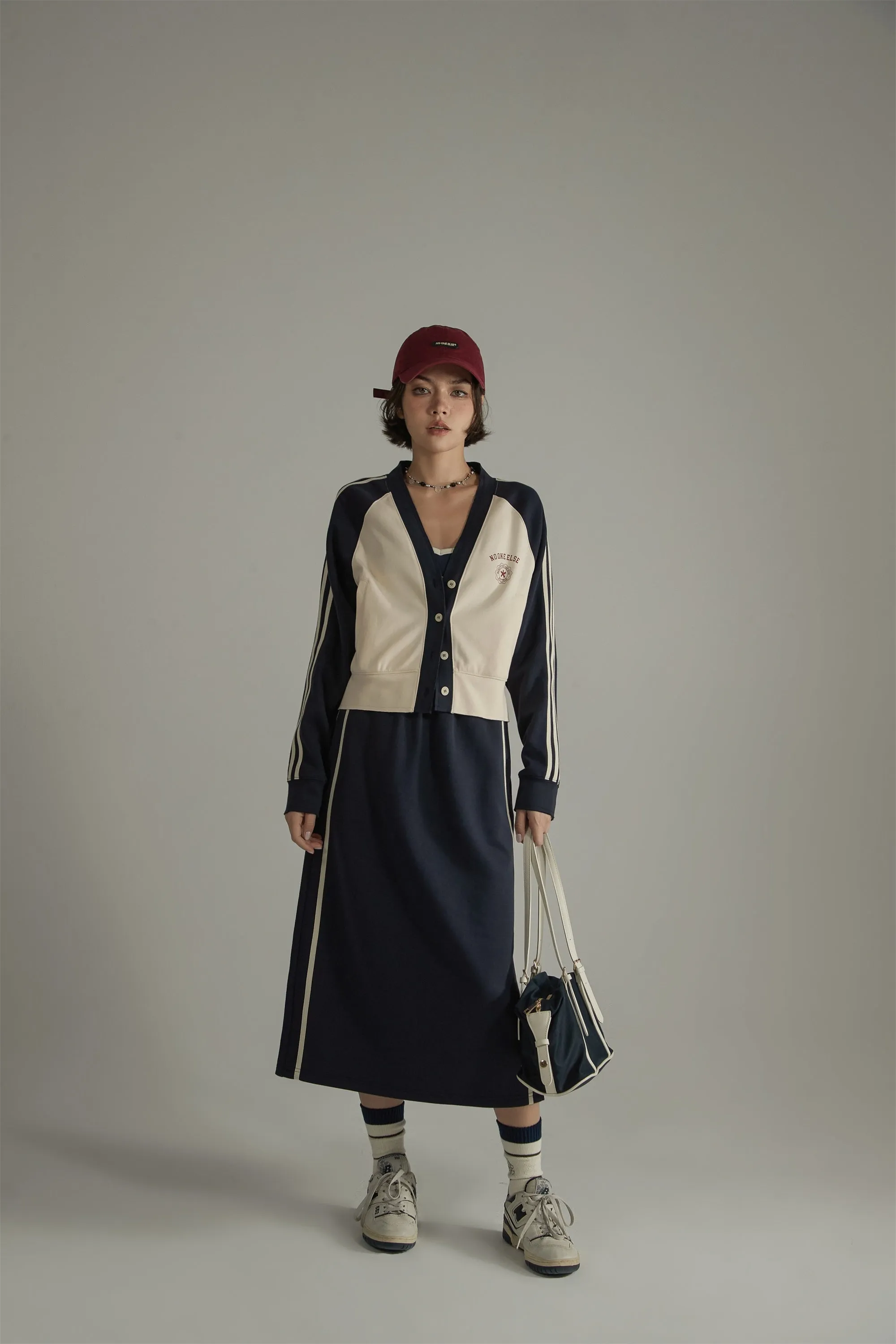 Elastic Waist Contrast Color Slit Mid Length Sporty Skirt