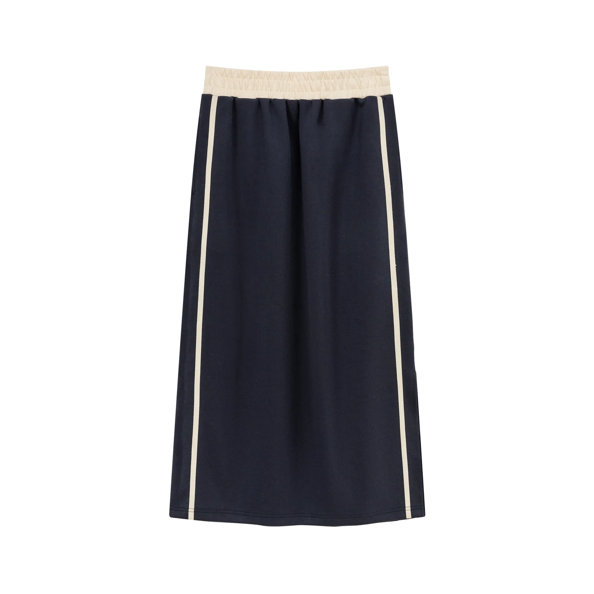Elastic Waist Contrast Color Slit Mid Length Sporty Skirt