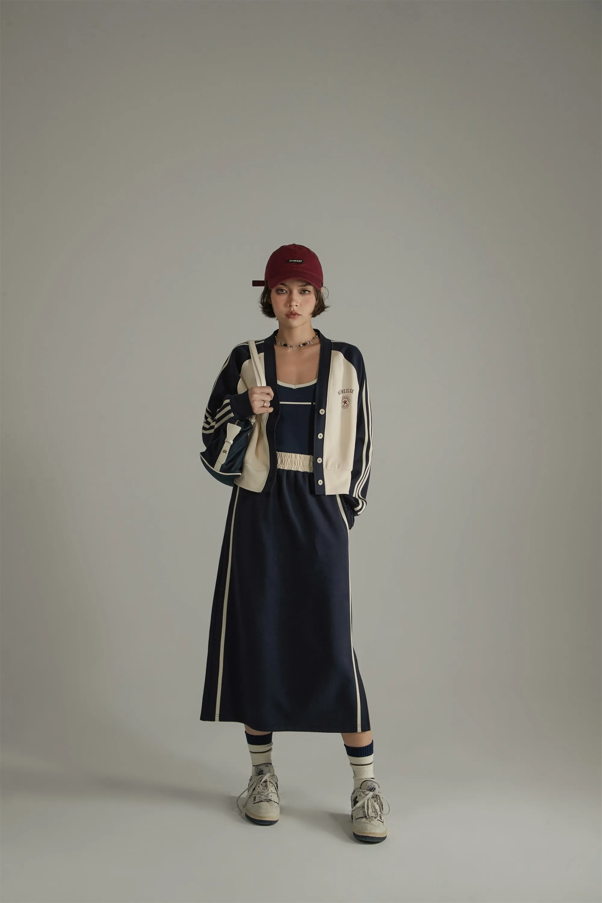 Elastic Waist Contrast Color Slit Mid Length Sporty Skirt