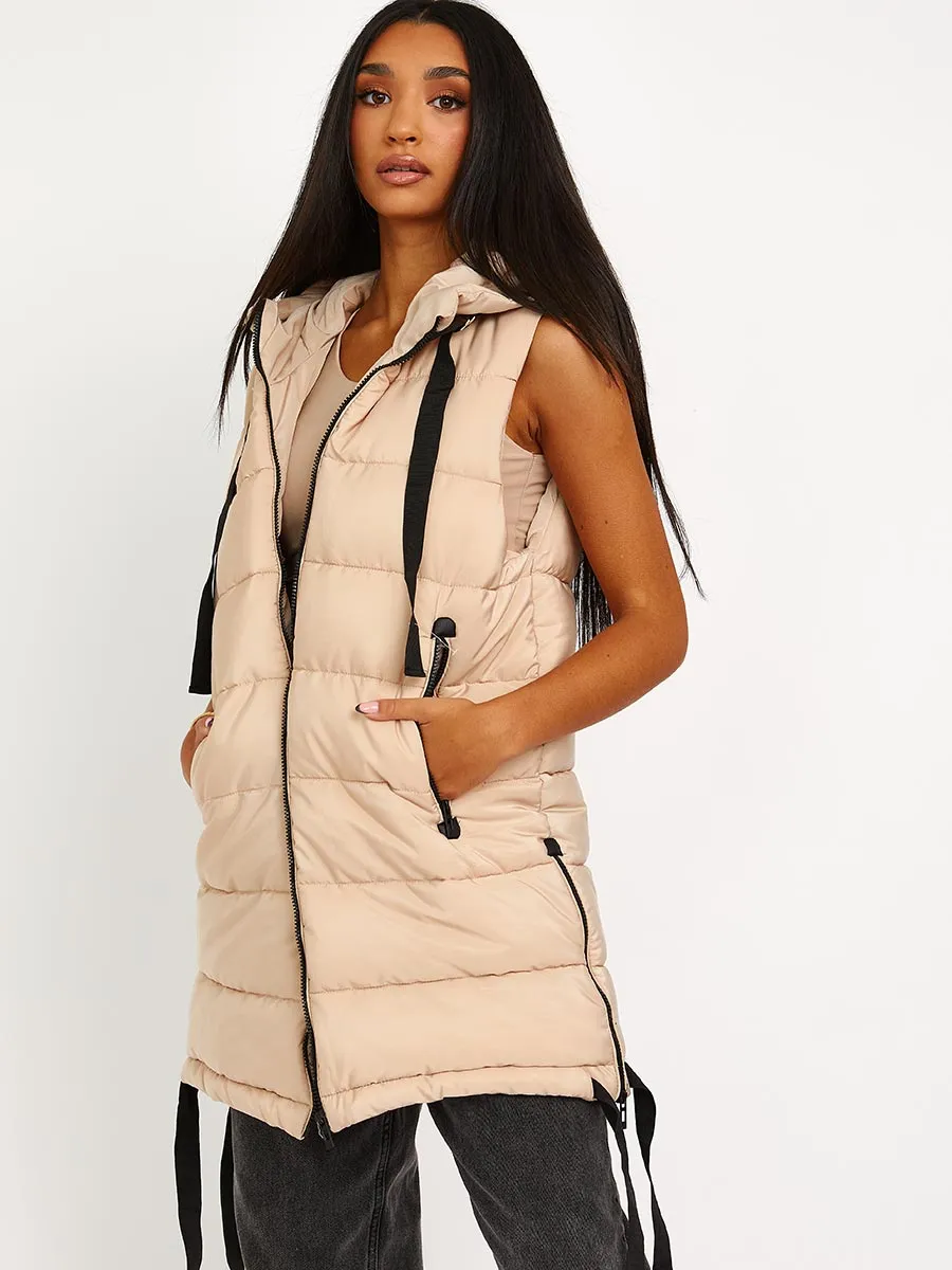 Estelle D-Ring Tape Padded Hooded Gilet In Stone