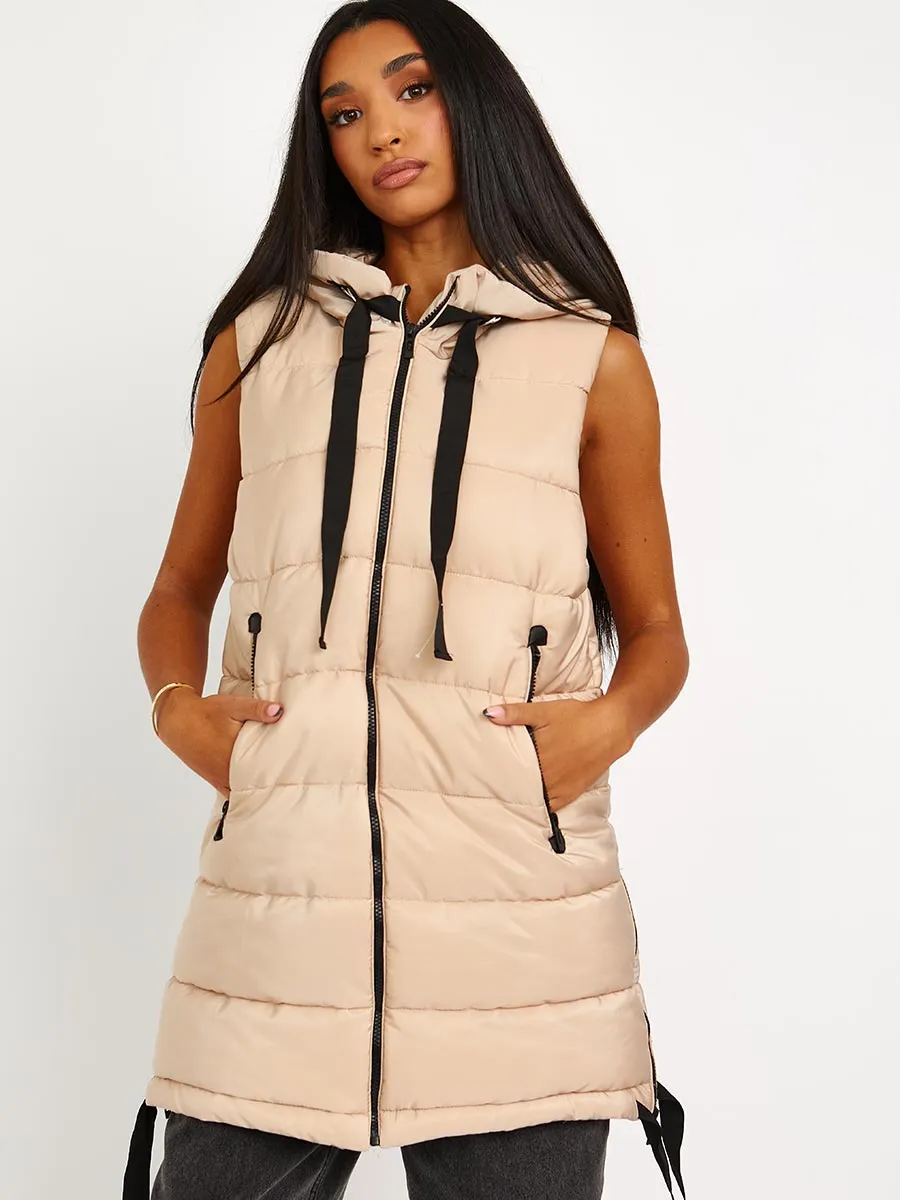 Estelle D-Ring Tape Padded Hooded Gilet In Stone