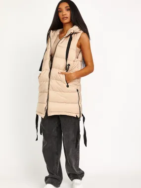 Estelle D-Ring Tape Padded Hooded Gilet In Stone